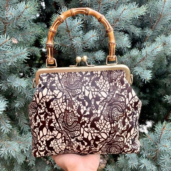 Handmade Real hair-on-horsehide Black Lace Printed Metal Frame Bamboo Handle Bag - Picture 3 of 16